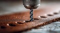Precision drilling tool creating evenly spaced holes in textured brown leather for handcrafted leatherwork detailing and design Royalty Free Stock Photo