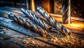 Precision Drilling Tools Closeup of Metal Drill Bits on Factory Workbench Royalty Free Stock Photo