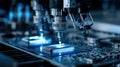 Precision electronics assembly with robotic grippers working on microchips, showcasing advanced technology in a high-tech Royalty Free Stock Photo