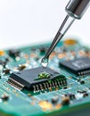 Precision Electronics Manufacturing - Applying Liquid to a Microchip Royalty Free Stock Photo