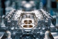 Precision-engineered metal engine block component in an advanced manufacturing facility showcasing intricate mechanical design and Royalty Free Stock Photo