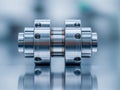 Precision-engineered metallic coupling component with polished surface reflecting on smooth table in industrial machinery setting Royalty Free Stock Photo