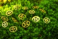 precision engineered toothed brass metal cog wheels on green moss