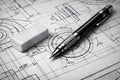 Precision Engineering Blueprint With Mechanical Pencil And Eraser On Technical Drawing Surface Royalty Free Stock Photo