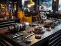 Precision engineering and mechanical components on a workbench in a workshop Royalty Free Stock Photo