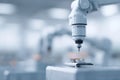 Precision engineering. A robotic arm meticulously works on a microchip, symbolizing automation, future technology, manufacturing Royalty Free Stock Photo