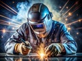 Precision Engineering A Stunning 3D Render of Welders Hands and Mask Exuding Craftsmanship and Metallic Detail in a Royalty Free Stock Photo