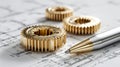 Precision engineering and technical design concept featuring metallic gears, a sleek pen, and detailed mechanical blueprints on a Royalty Free Stock Photo