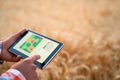 Precision farming. Farmer hands hold tablet using online data management software, differential fertilizer application Royalty Free Stock Photo