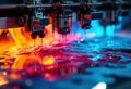 Precision laser cutting process with vibrant blue and orange lighting effects Royalty Free Stock Photo
