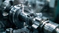 Precision Lathe Operation. A close-up image of a metal lathe in operation, focusing on the sharp cutting tool shaping a rotating
