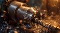 Precision Lathe Operation. A close-up image of a metal lathe in operation, focusing on the sharp cutting tool shaping a rotating