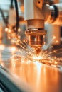 Precision machine working with bright sparks, creating intricate metal details with advanced technology. Royalty Free Stock Photo