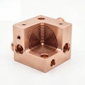 A precision-machined copper block with internal spiral channels for heat exchange. Royalty Free Stock Photo