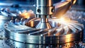 Precision machining a close-up view of a complex metal component undergoing high-precision manufacturing. Generative AI Royalty Free Stock Photo