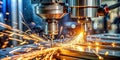 Precision machining dual-head milling machine in action, creating metal components with sparks and intense light. Generative AI Royalty Free Stock Photo