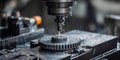 Precision machining process with metal gear and coolant in industrial workshop environment Royalty Free Stock Photo