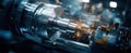 The precision machining process with sparks flying from a lathe machine. AI generated image Royalty Free Stock Photo