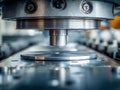 Precision metal stamping machine working on a circular metal sheet during the industrial manufacturing process in a high-tech Royalty Free Stock Photo