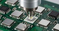 Precision Microchip Testing on Green Circuit Board Technology Manufacturing Semiconductor Component Analysis Quality Royalty Free Stock Photo