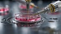 Precision microneedles working on a petri dish filled with glowing red fluid in a biotech lab setting Royalty Free Stock Photo