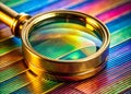 Precision Offset Printing Quality Control Examining Color Accuracy with a Magnifying Loupe on Calibration Bars