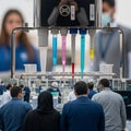 Precision pipetting in a modern laboratory setting alongside a group observing industrial Royalty Free Stock Photo