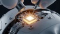 Precision Robotic Hands Assembling Glowing Microchip on Advanced Circuit Board Royalty Free Stock Photo