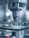 Precision robotic microfabrication process featuring advanced automated machinery working on circuit board component assembly in a Royalty Free Stock Photo