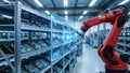 Precision Robotics: AI-Powered Holographic Interaction in Modern Electronics Warehouse Royalty Free Stock Photo