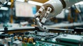 Precision robotics managing delicate PCB components on the assembly line in advanced production. Fully Automated PCB