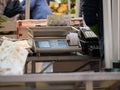 Precision Scales attached to a Cash Register for Cash Collection and Receipt Issuance in a Fruit and Vegetable Market Stall Royalty Free Stock Photo