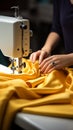 Precision sewing process captured as female hands work on yellow fabric Royalty Free Stock Photo