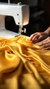 Precision sewing process captured as female hands work on yellow fabric Royalty Free Stock Photo