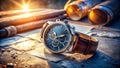 Precision and Style A Chronograph Watch Unveiled Against a Complex Technical Blueprint Captured in Urban Exploration Royalty Free Stock Photo