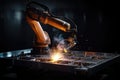 precision welding robot in action, performing delicate welds on metal frame