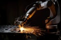 precision welding robot, with its arm in motion, performing intricate weld on metal surface