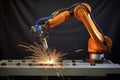 precision welding robot, with its arm in motion, welding two metal plates together