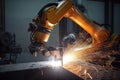 precision welding robot, with its arm in motion, welding two metal plates together