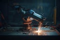 precision welding robot at work, performing delicate welds on metal structures