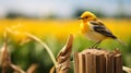 Precisionism-inspired Yellow Bird On Wooden Stick In Lush Field