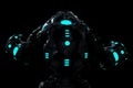 Predator black and blue glowing robot in a dark background rear view