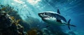 A predator great white shark swimming in the ocean coral reef shallows just below the water line Royalty Free Stock Photo