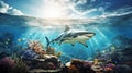 A predator great white shark swimming in the ocean coral reef shallows just below the water line .