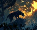 Predators silent prowl, dynamic, diagonal angle, dusk light through trees, painting with digital smoothness , 3D render Royalty Free Stock Photo
