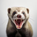 Predatory angry ferret bares big fangs, growls, close-up