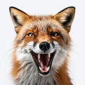 Predatory angry red fox bares big fangs, growls, portrait, close-up