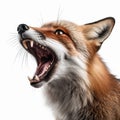 Predatory angry red fox bares big fangs, growls, portrait, close-up Royalty Free Stock Photo