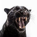 Predatory angry scary black panther leopard growls and bares its fangs, head close-up isolated on white