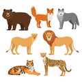 Predatory animals set wolf bear fox tiger lion cheetah isolated Royalty Free Stock Photo